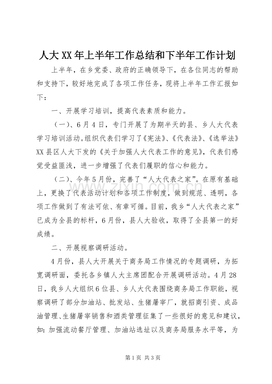 人大XX年上半年工作总结和下半年工作计划.docx_第1页