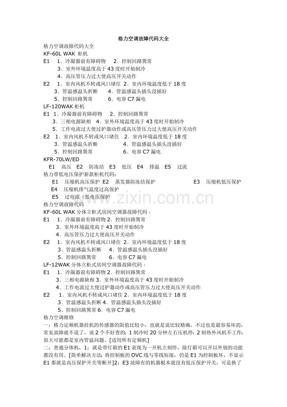 格力空调故障代码大全.doc_第1页