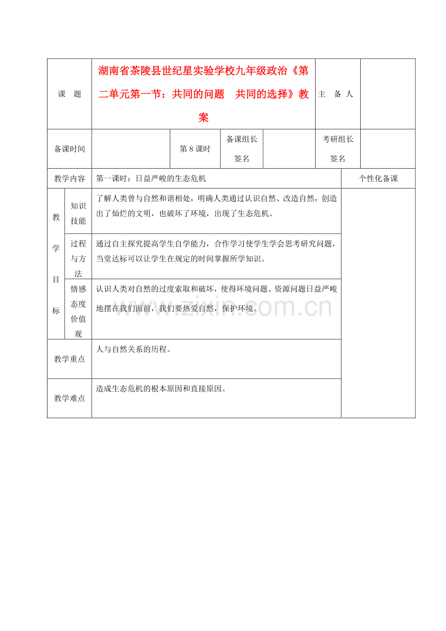 湖南省茶陵县世纪星实验学校九年级政治《第二单元第一节：共同的问题共同的选择》教案.doc_第1页