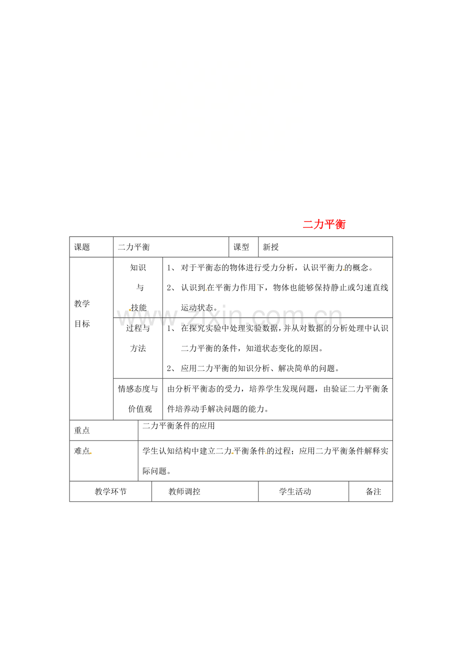 八年级物理下册 9.1二力平衡教案 （新版）苏科版-（新版）苏科版初中八年级下册物理教案.doc_第1页