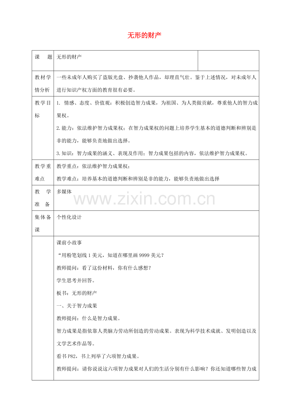 八年级政治下册 第三单元 我们的文化、经济权利 第七课 拥有财产的权利 第3框 无形的财产教学设计 新人教版-新人教版初中八年级下册政治教案.doc_第1页