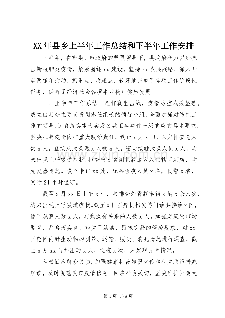 XX年县乡上半年工作总结和下半年工作安排.docx_第1页