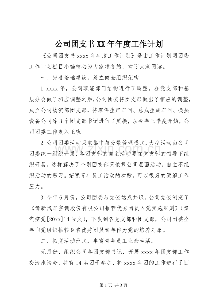 公司团支书XX年年度工作计划.docx_第1页