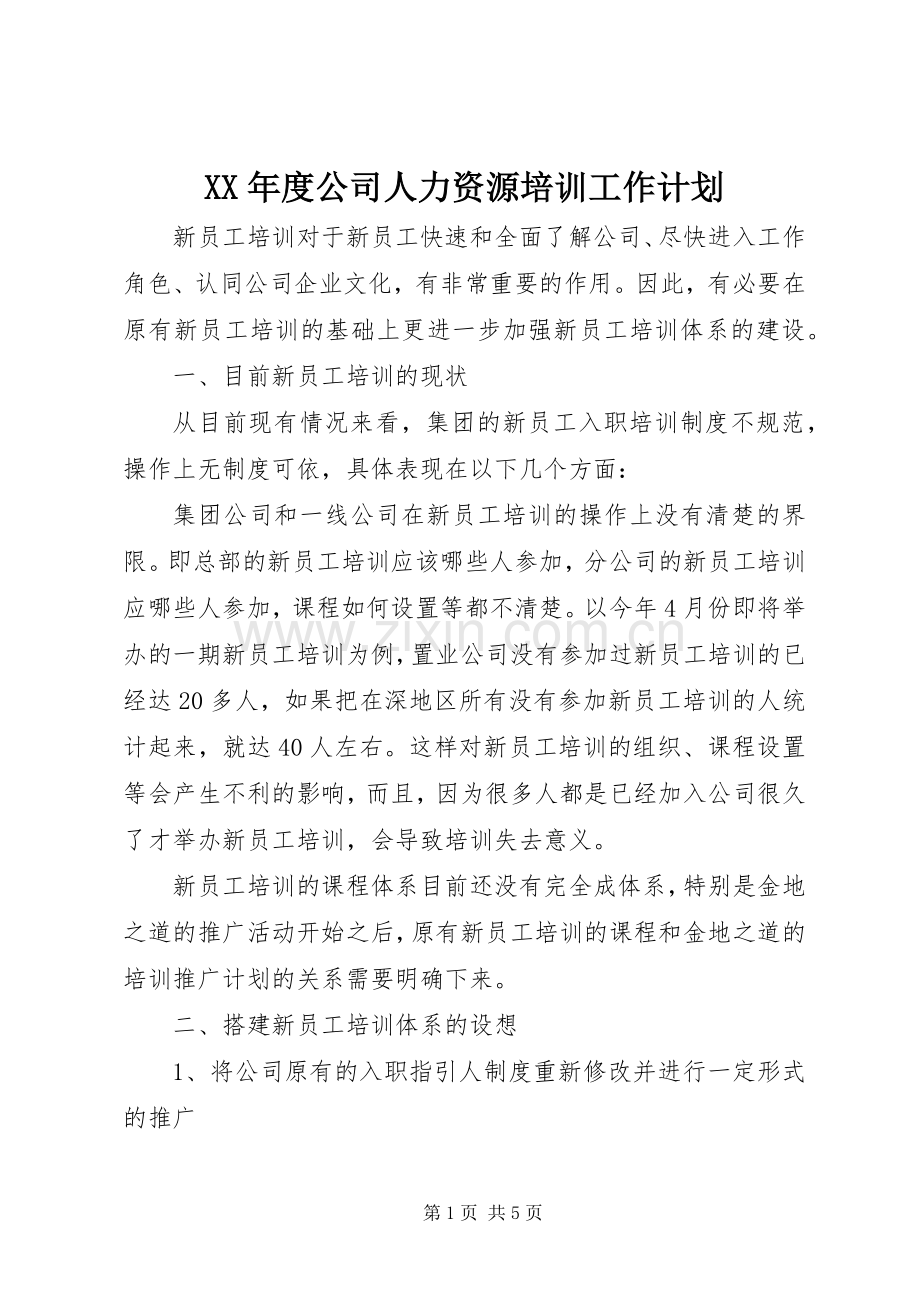 XX年度公司人力资源培训工作计划.docx_第1页