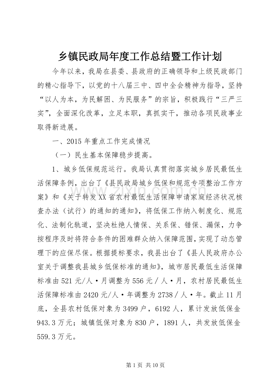 乡镇民政局年度工作总结暨工作计划 .docx_第1页