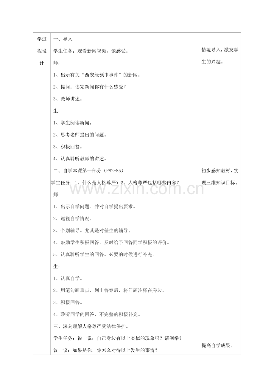 八年级政治上册 第四单元 我们依法享有人身权、财产 第八课 伴我们一生的权利 第二框 法律保护我们的人格尊严教案 鲁教版-鲁教版初中八年级上册政治教案.doc_第3页