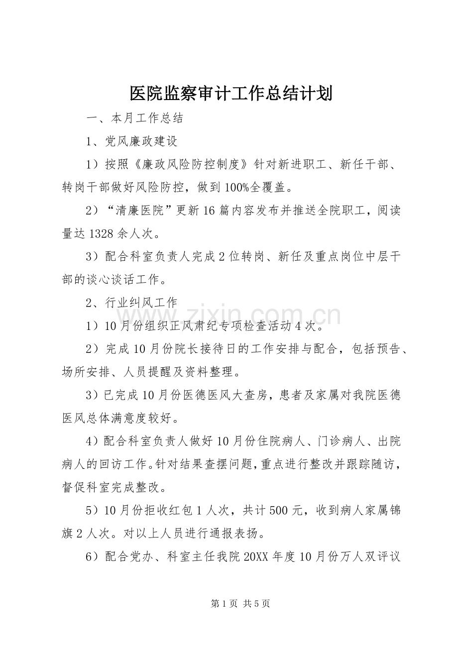 医院监察审计工作总结计划.docx_第1页