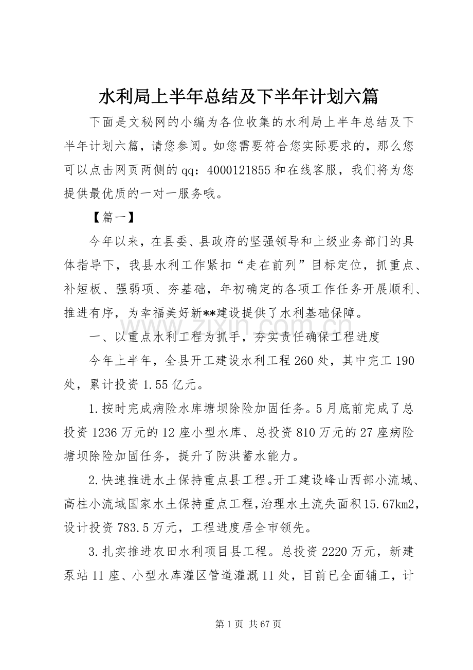 水利局上半年总结及下半年计划六篇_1.docx_第1页