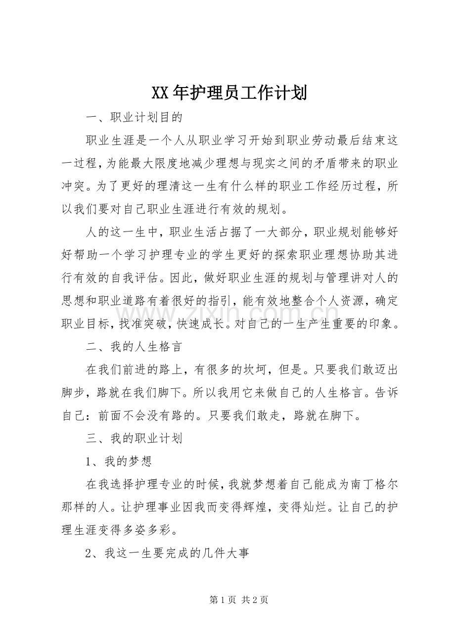 XX年护理员工作计划.docx_第1页