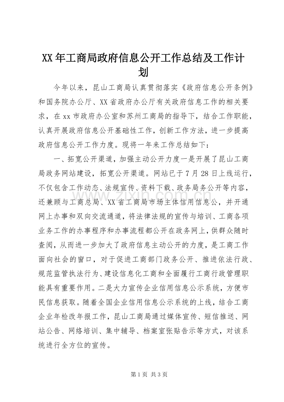 XX年工商局政府信息公开工作总结及工作计划.docx_第1页