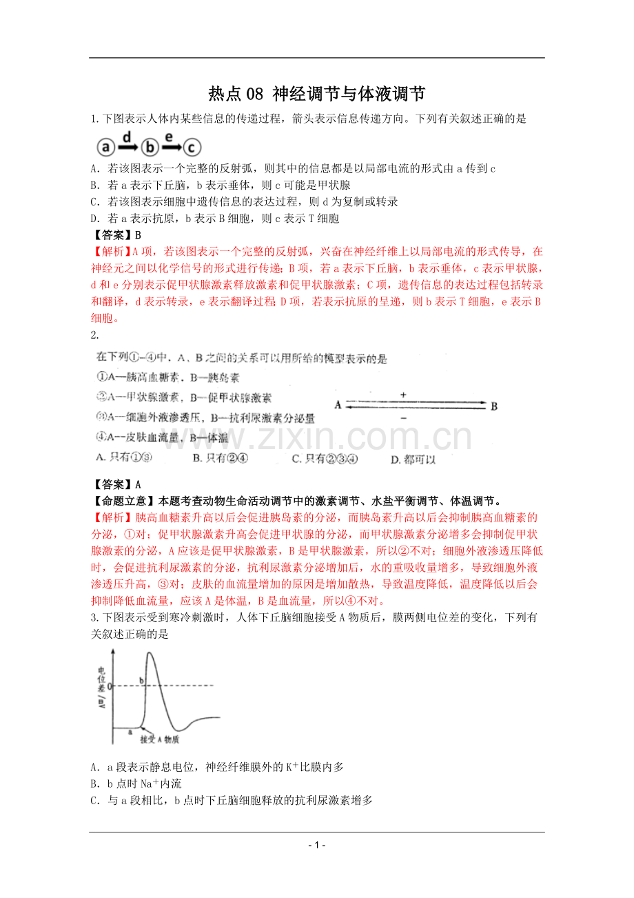 高考名师预测生物试题：知识点08神经调节与体液调节.doc_第1页