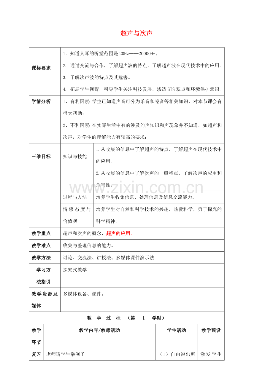 八年级物理全册《3.3 超声与次声》教案 （新版）沪科版-（新版）沪科版初中八年级全册物理教案.doc_第1页