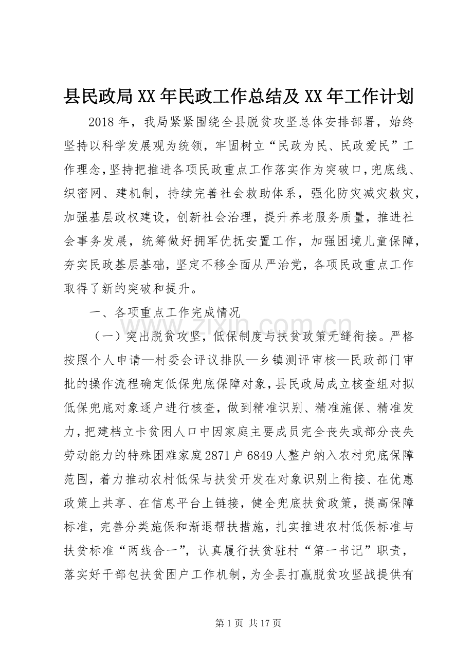 县民政局XX年民政工作总结及XX年工作计划_1.docx_第1页