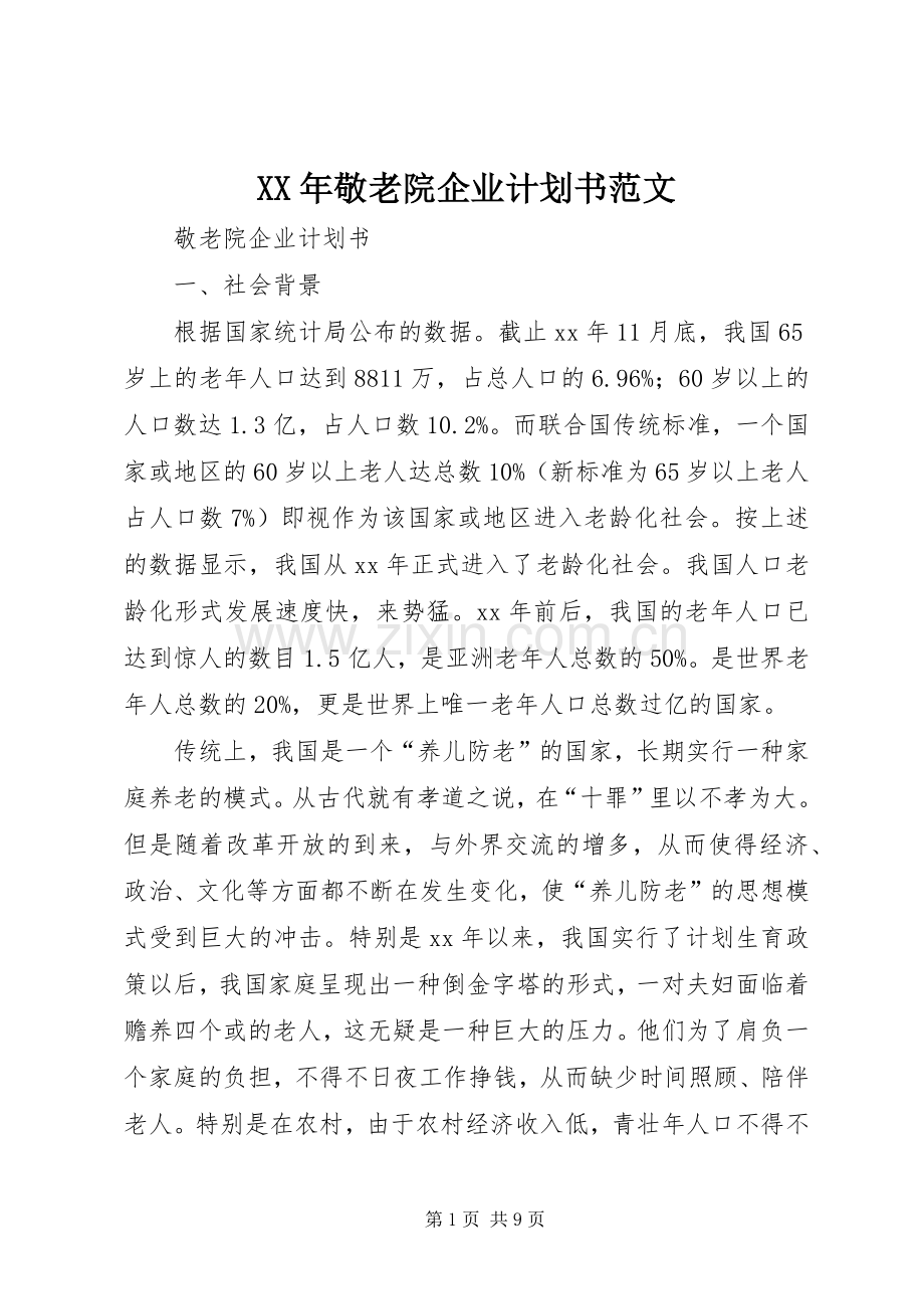 XX年敬老院企业计划书范文.docx_第1页