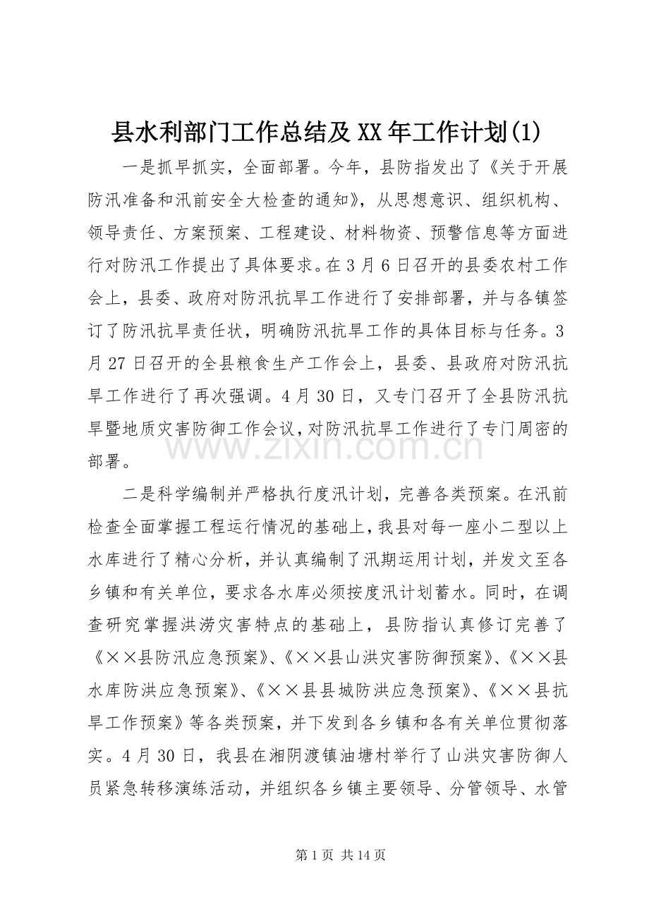 县水利部门工作总结及XX年工作计划(1).docx_第1页