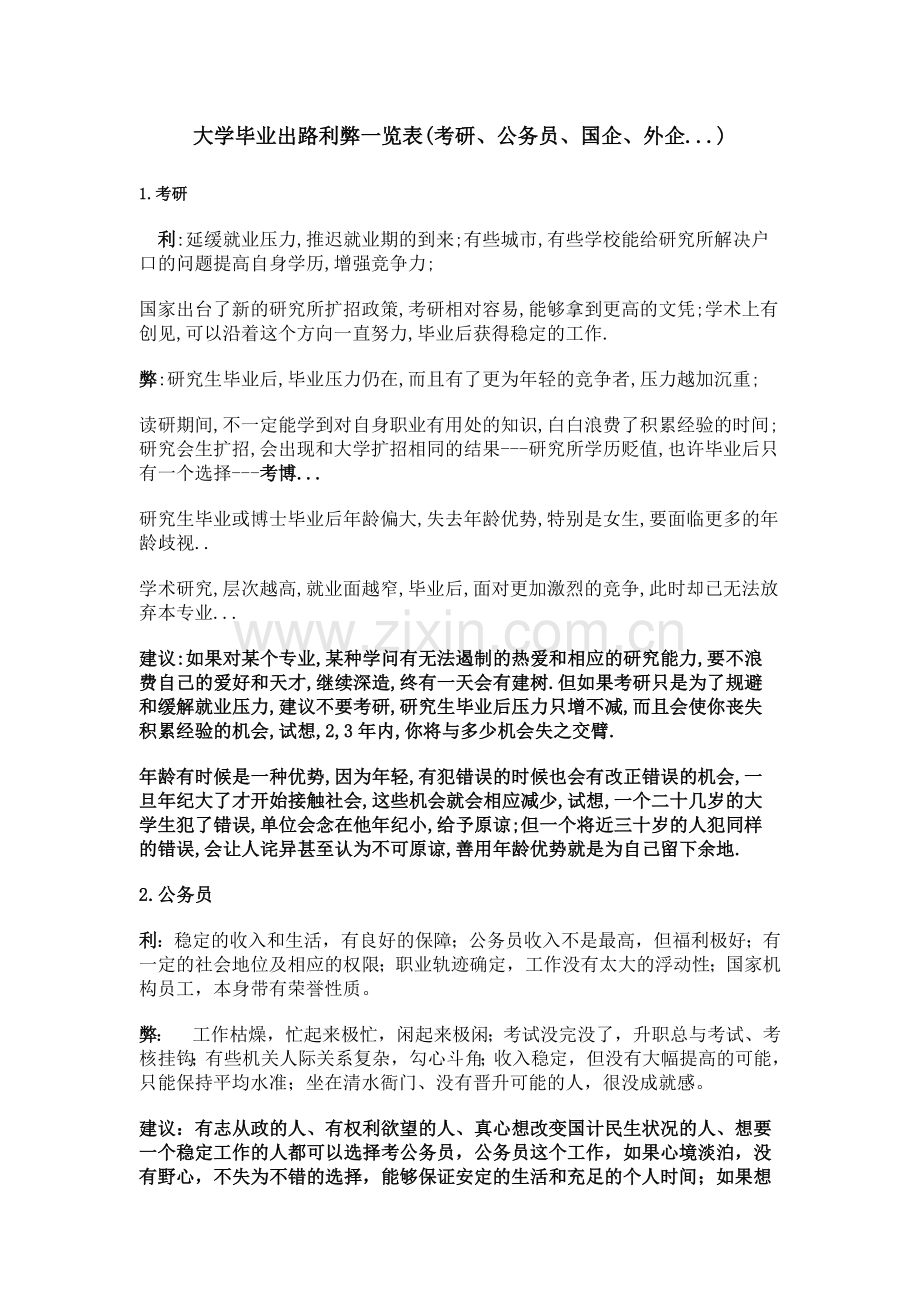 大学毕业出路利弊一览表(考研、公务员、国企、外企……).doc_第1页