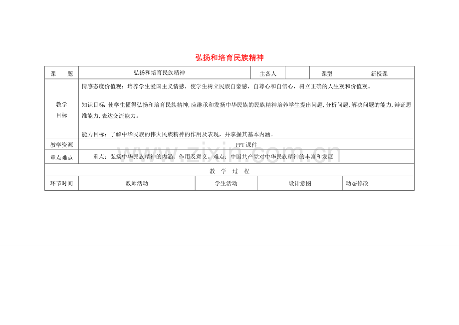 吉林省双辽市九年级政治全册 第二单元 了解祖国 爱我中华 第五课 中华文化与民族精神 第2框 弘扬和培育民族精神教案 新人教版-新人教版初中九年级全册政治教案.doc_第1页