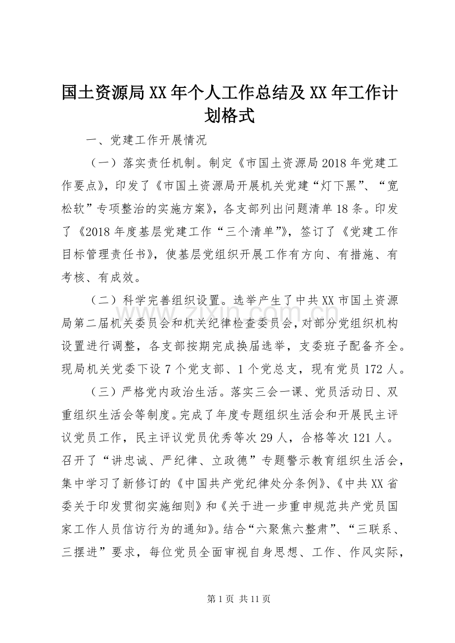 国土资源局XX年个人工作总结及XX年工作计划格式 .docx_第1页