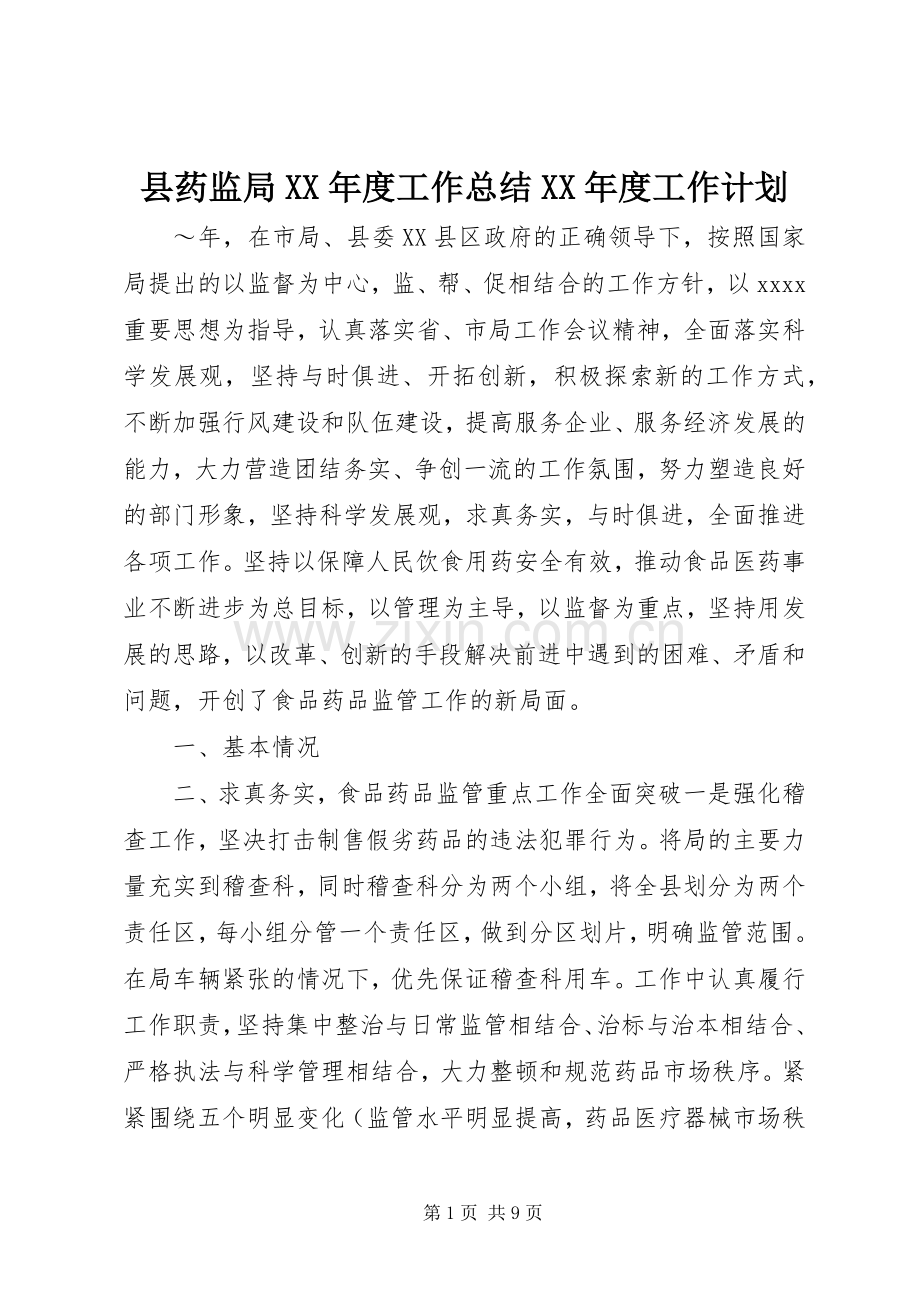 县药监局XX年度工作总结XX年度工作计划.docx_第1页