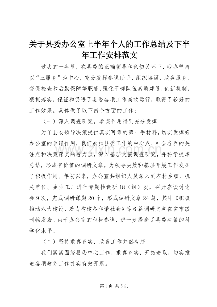 关于县委办公室上半年个人的工作总结及下半年工作安排范文.docx_第1页