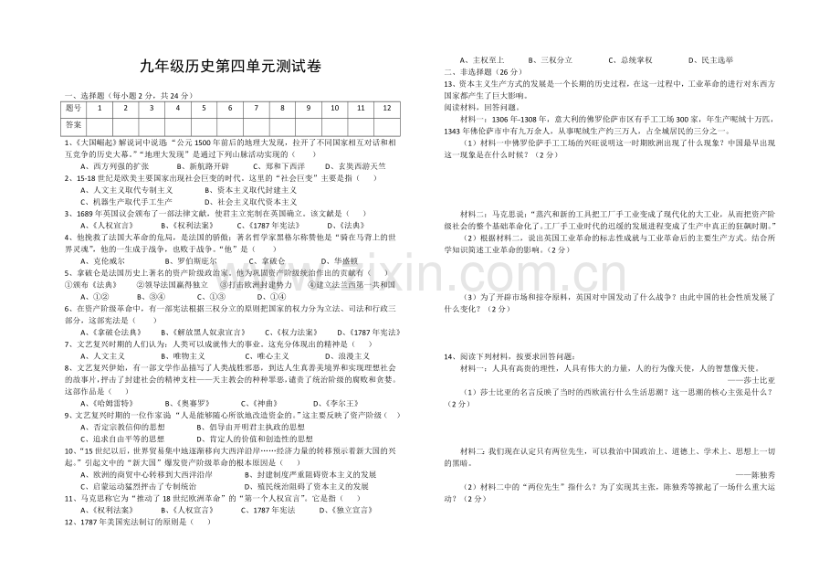 九年级历史第四单元测试卷.doc_第1页