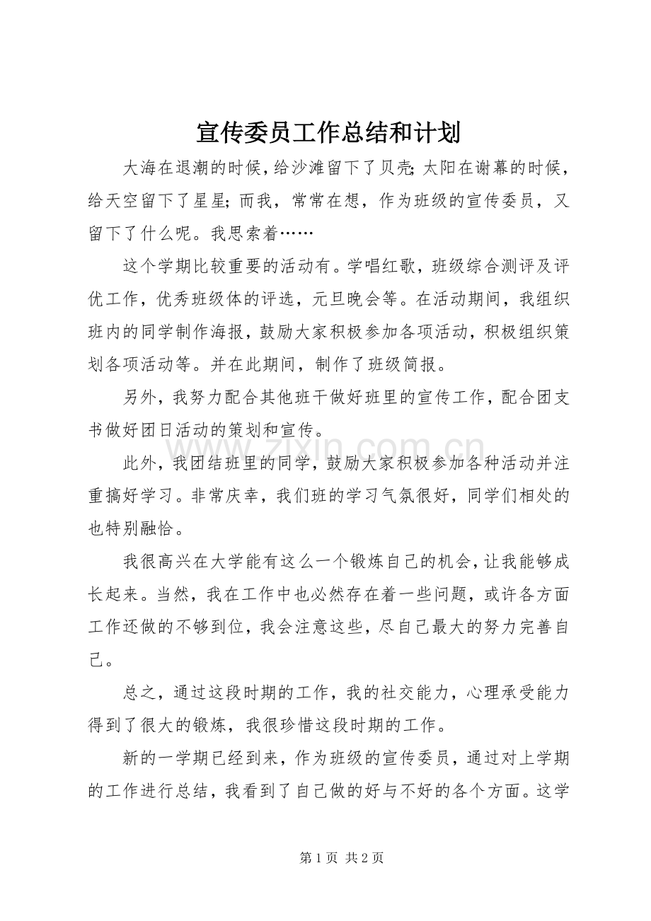 宣传委员工作总结和计划.docx_第1页