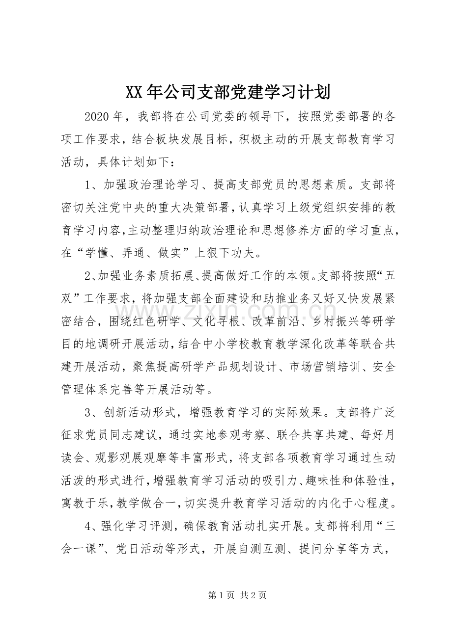 XX年公司支部党建学习计划.docx_第1页