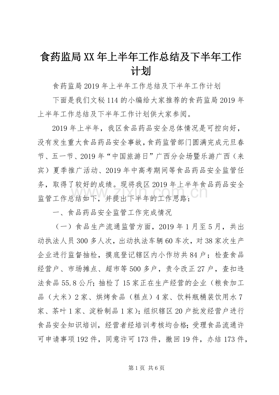 食药监局XX年上半年工作总结及下半年工作计划 .docx_第1页