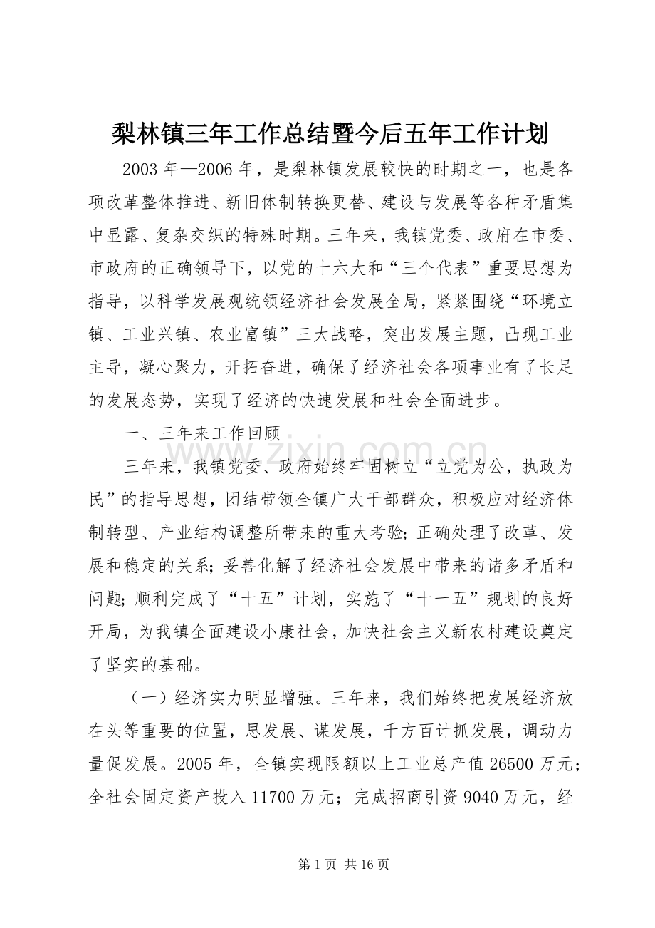 梨林镇三年工作总结暨今后五年工作计划 .docx_第1页