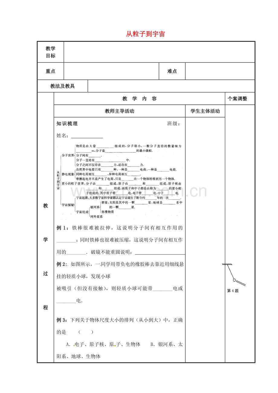 八年级物理下册 第7章 从粒子到宇宙复习教案2 苏科版-苏科版初中八年级下册物理教案.doc_第1页