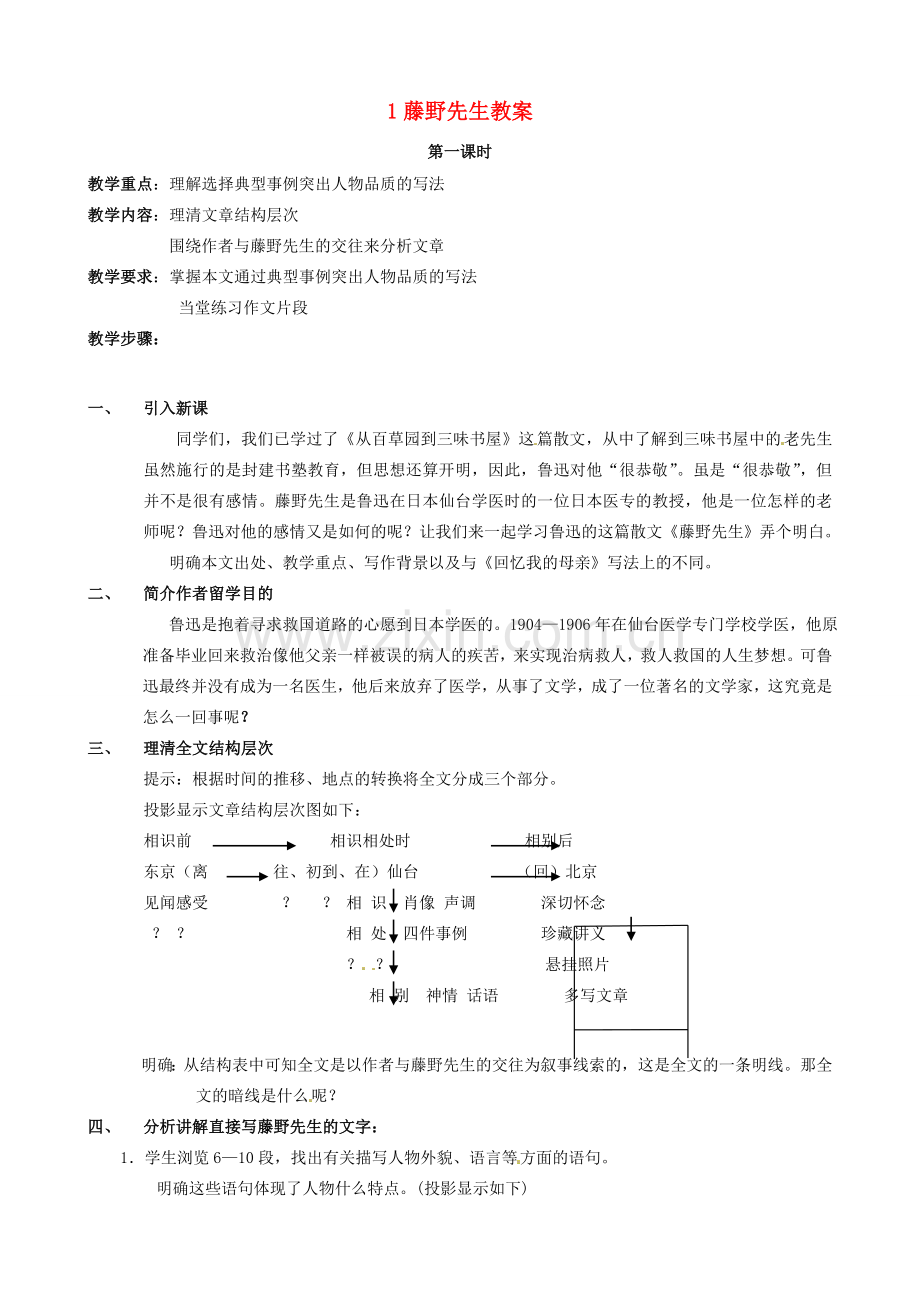 黑龙江省虎林市八五零农场学校八年级语文下册 1藤野先生教案 新人教版.doc_第1页