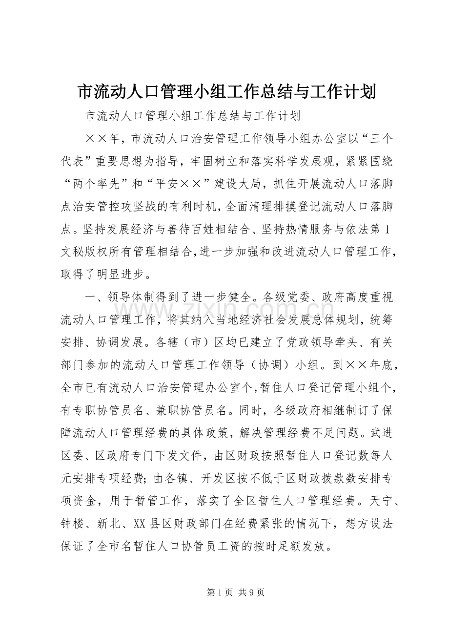 市流动人口管理小组工作总结与工作计划.docx_第1页