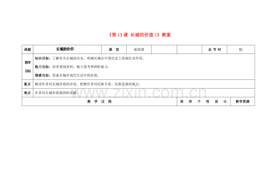 吉林省长春市第104中学八年级语文下册《第13课 长城的价值》教案1 长春版.doc_第1页