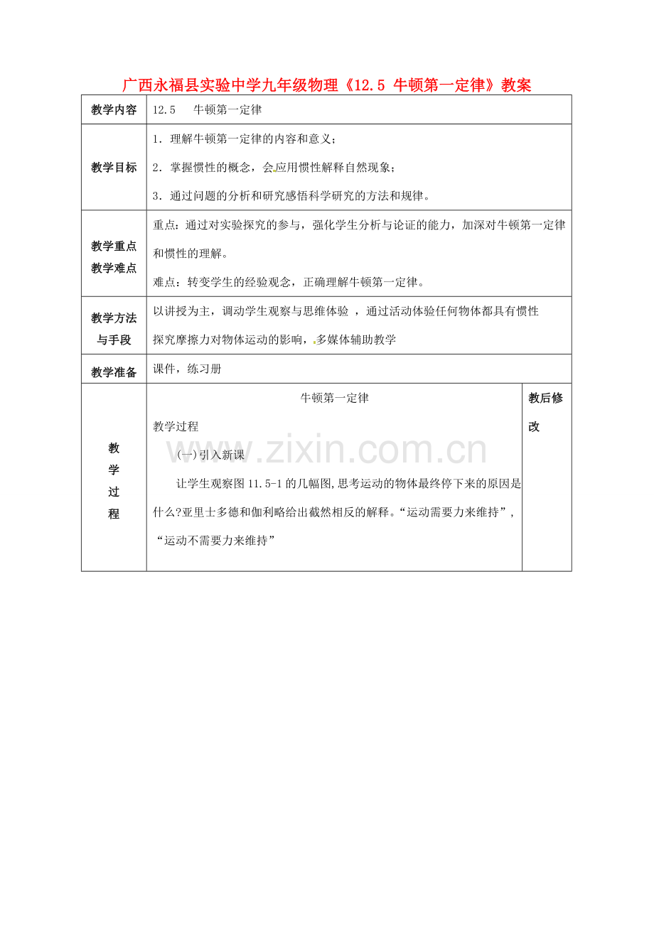 广西永福县实验中学九年级物理《12.5 牛顿第一定律》教案 人教新课标版.doc_第1页