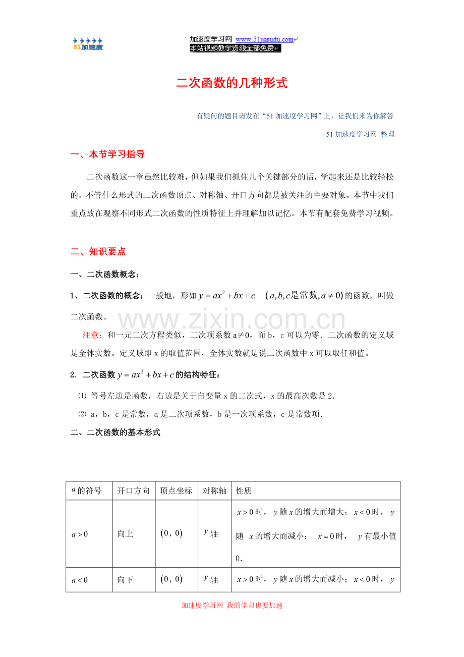 九年级下册数学《二次函数》二次函数的几种形式.doc_第1页