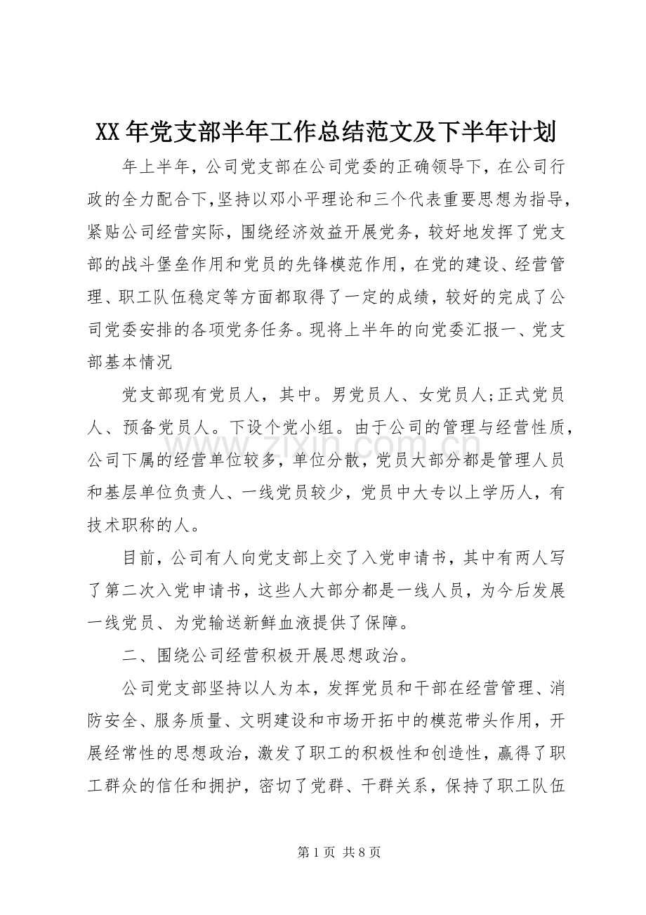 XX年党支部半年工作总结范文及下半年计划 .docx_第1页