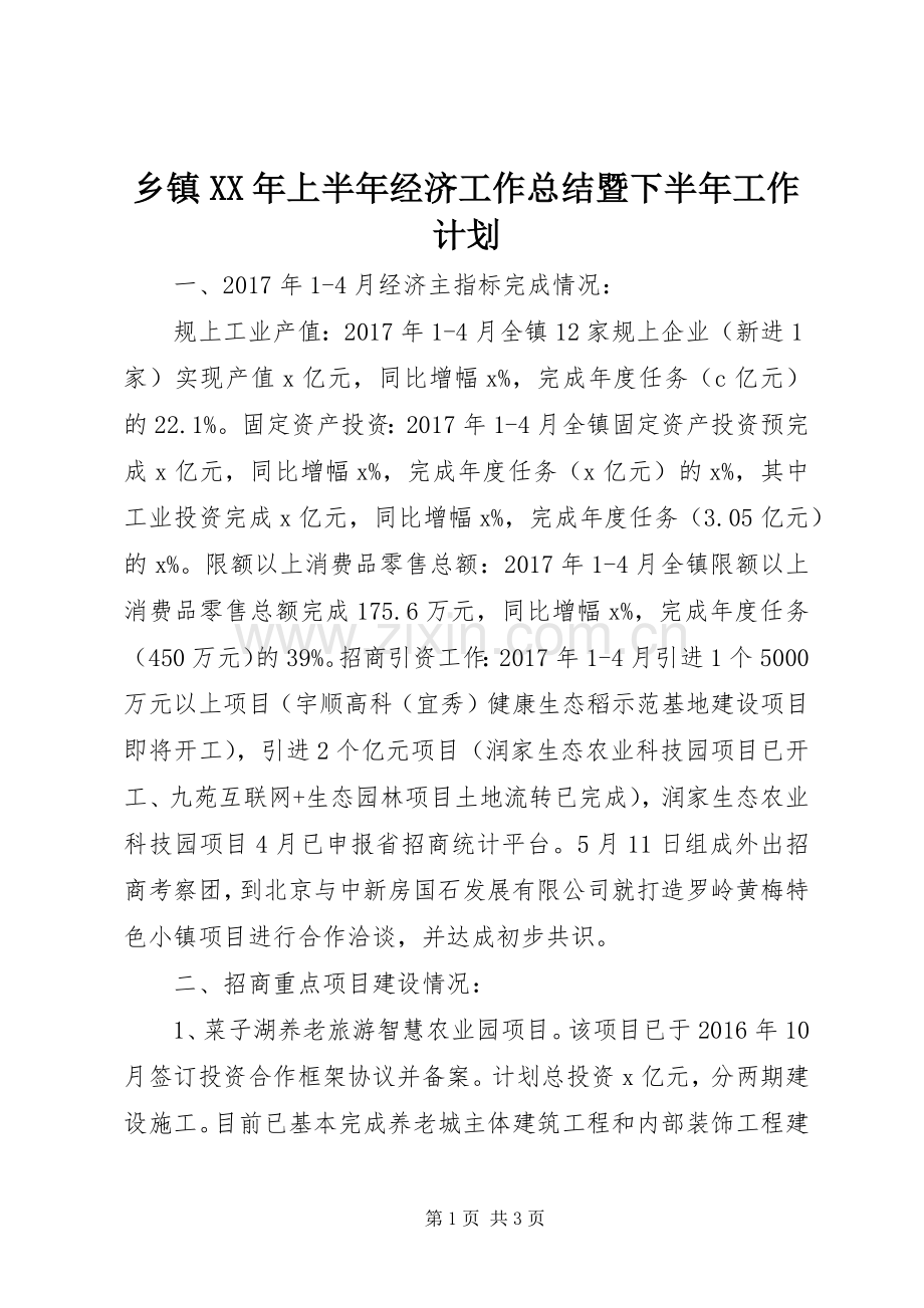 乡镇XX年上半年经济工作总结暨下半年工作计划.docx_第1页