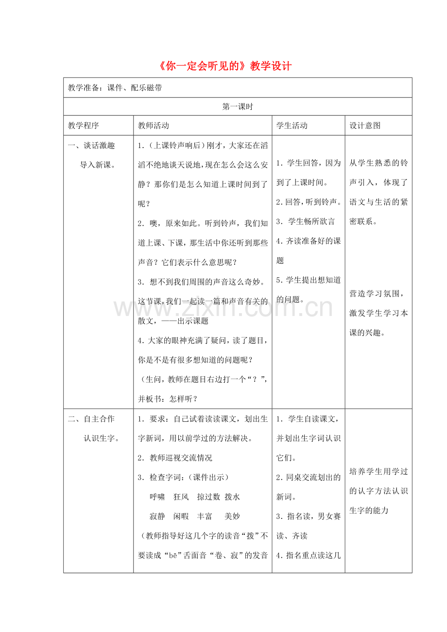 七年级语文下册 第一单元 3《你一定会听见的》教学设计 沪教版五四制-沪教版初中七年级下册语文教案.doc_第1页