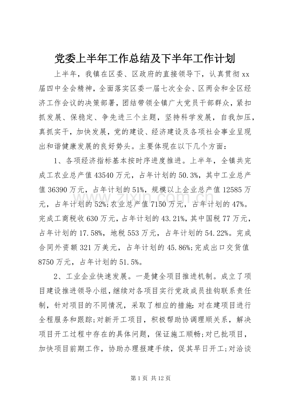 党委上半年工作总结及下半年工作计划_1.docx_第1页