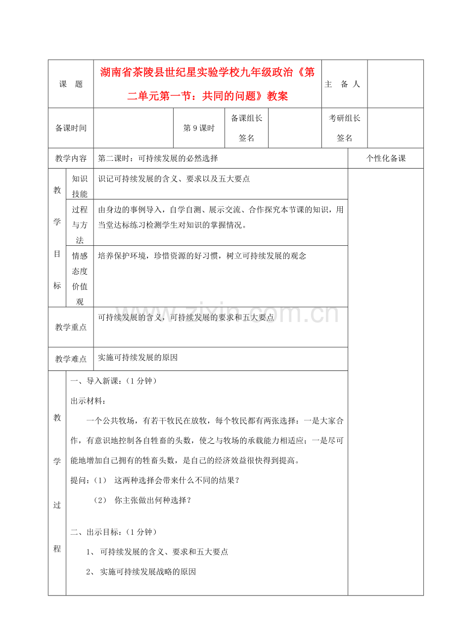 湖南省茶陵县世纪星实验学校九年级政治《第二单元第一节：共同的问题》教案.doc_第1页