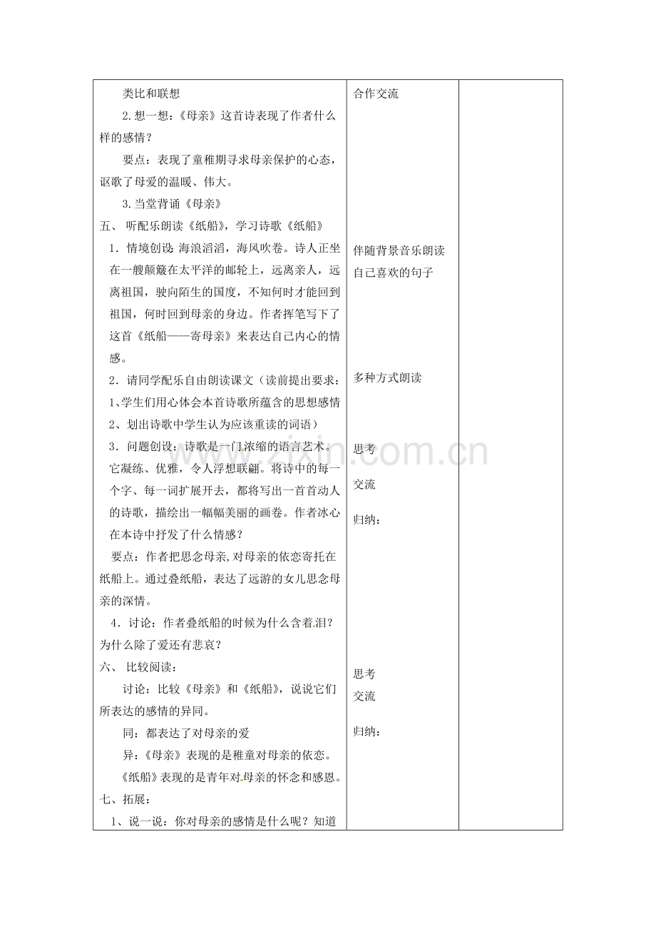 江苏省泗阳县新袁中学七年级语文上册《第一单元 第三课 冰心诗四首》教案1 苏教版.doc_第2页