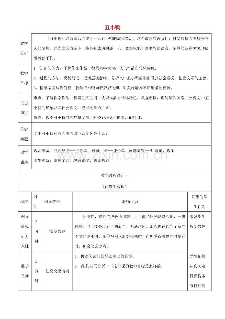 七年级语文下册《第3课 丑小鸭》教案 新人教版-新人教版初中七年级下册语文教案.doc_第1页