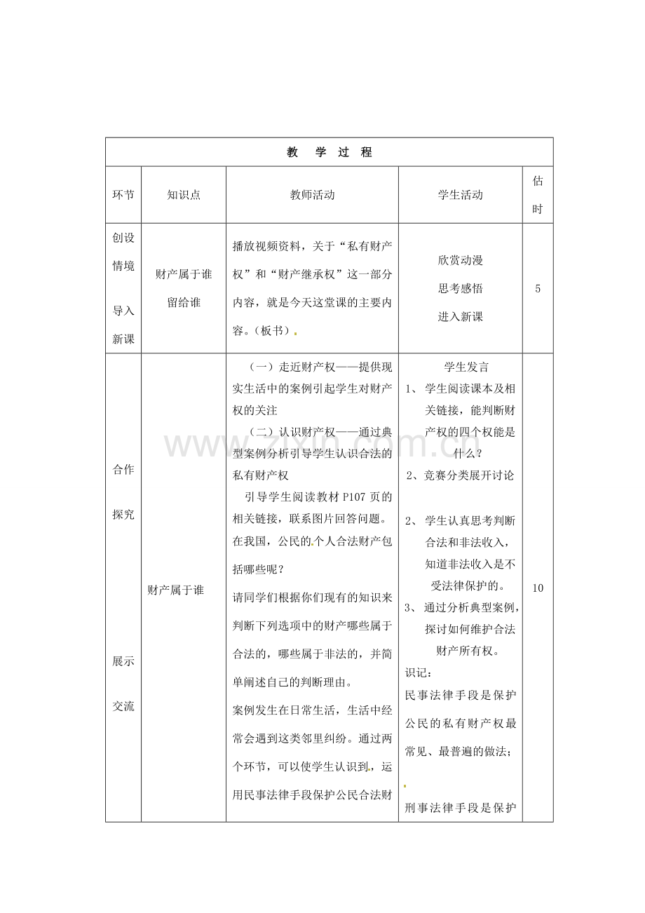 山东省临沭县第三初级中学八年级政治上册《财产属于谁、留给谁》教案 人教新课标版.doc_第2页