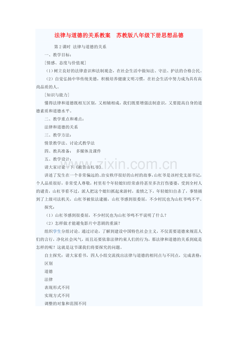 八年级政治下册 法律与道德的关系教案 苏教版.doc_第1页