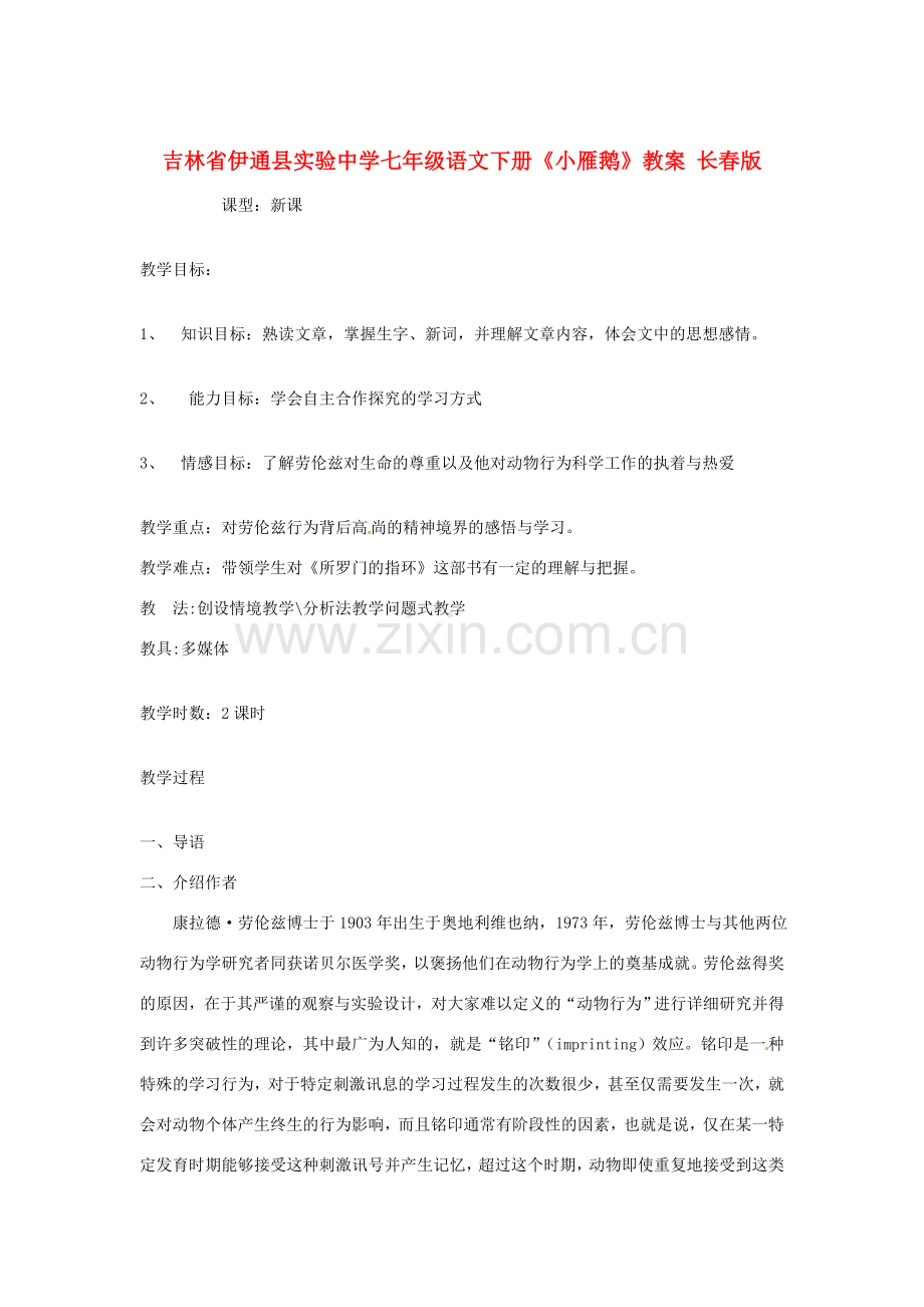 吉林省伊通县实验中学七年级语文下册《小雁鹅》教案 长春版.doc_第1页