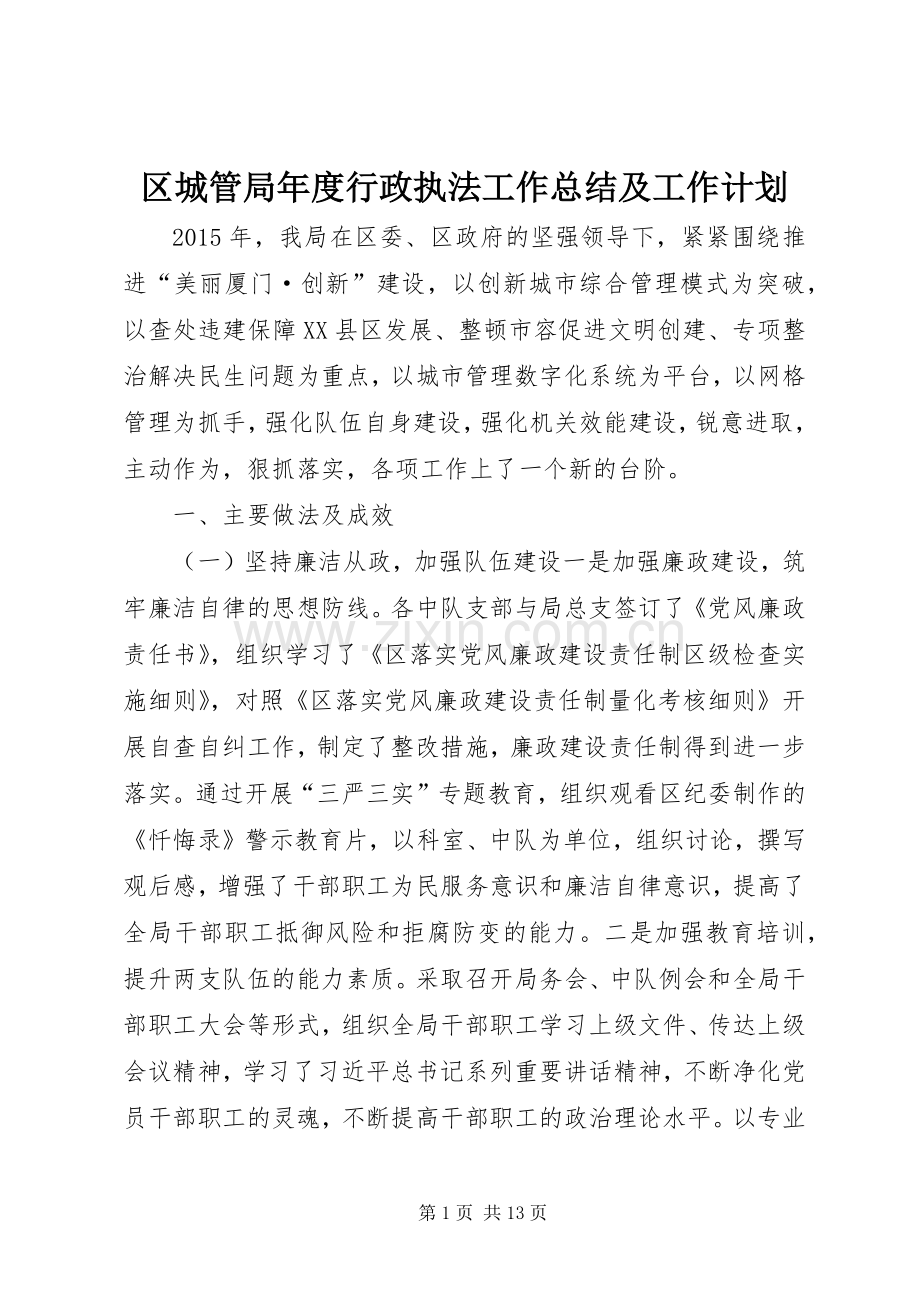 区城管局年度行政执法工作总结及工作计划.docx_第1页