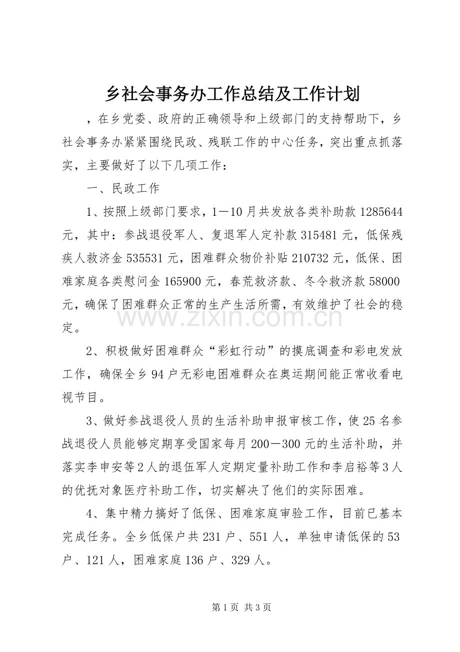 乡社会事务办工作总结及工作计划.docx_第1页