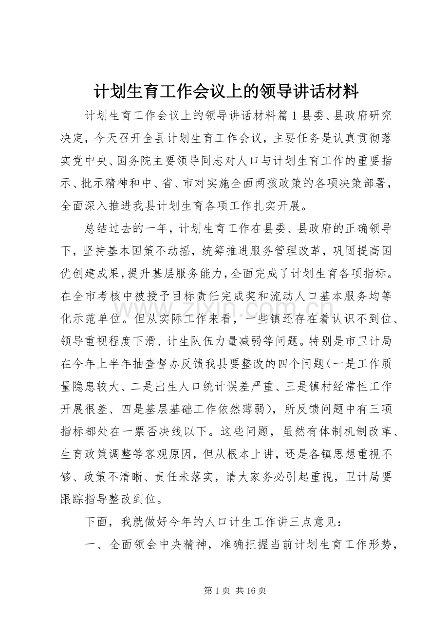 计划生育工作会议上的领导讲话材料.docx_第1页