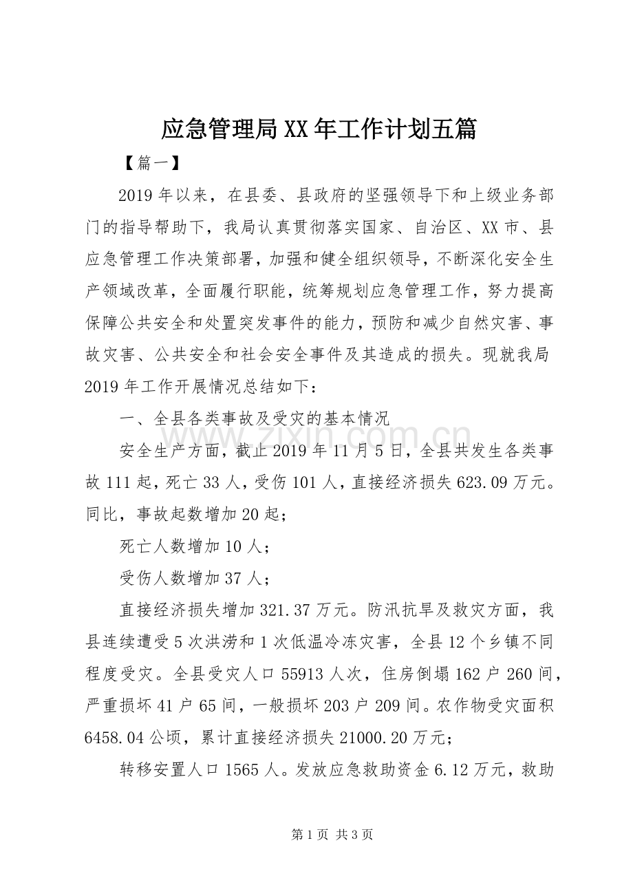 应急管理局XX年工作计划五篇.docx_第1页