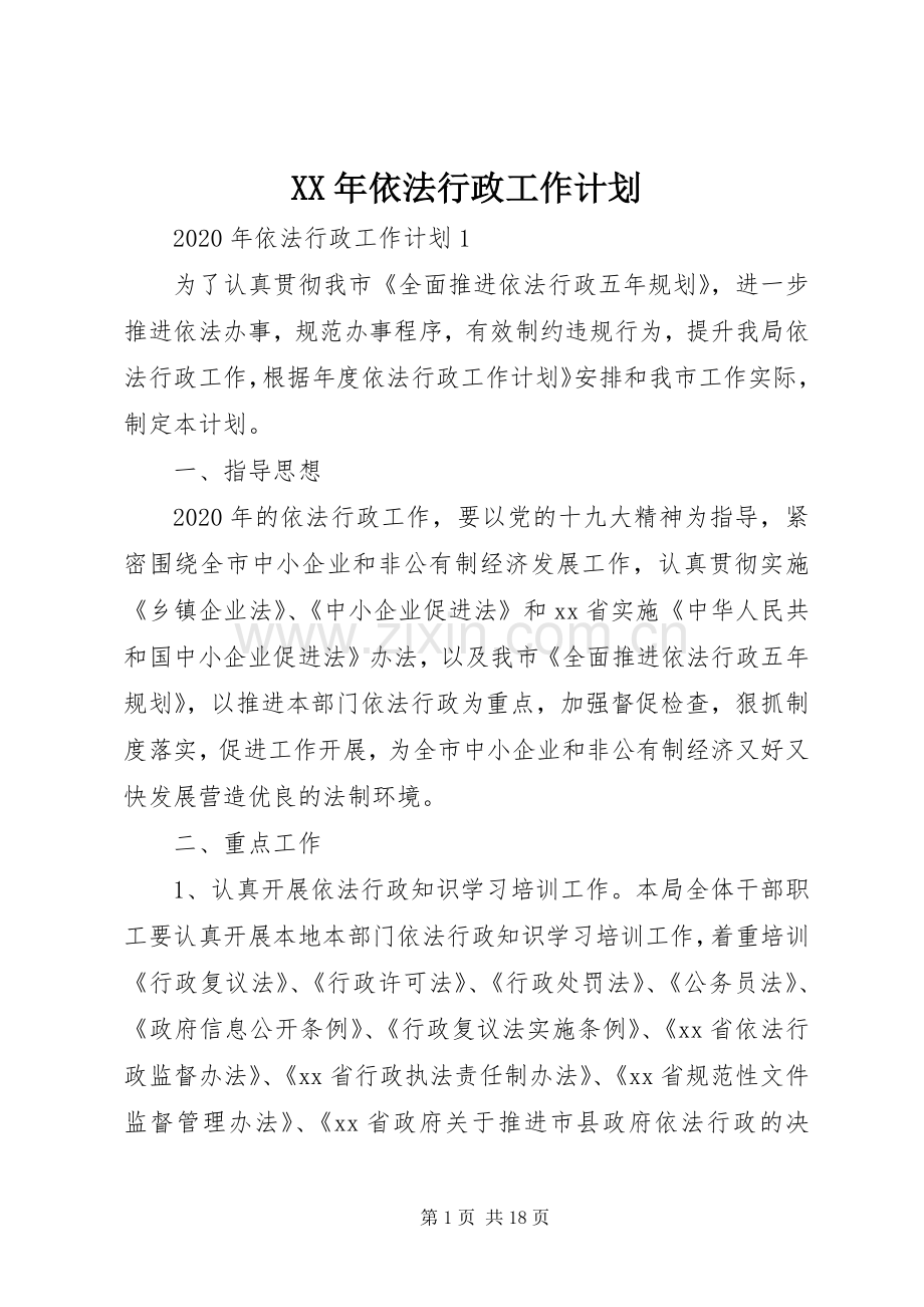 XX年依法行政工作计划 .docx_第1页